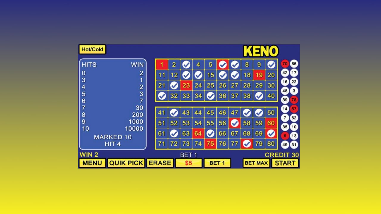 online keno table with matching numbers and paytable