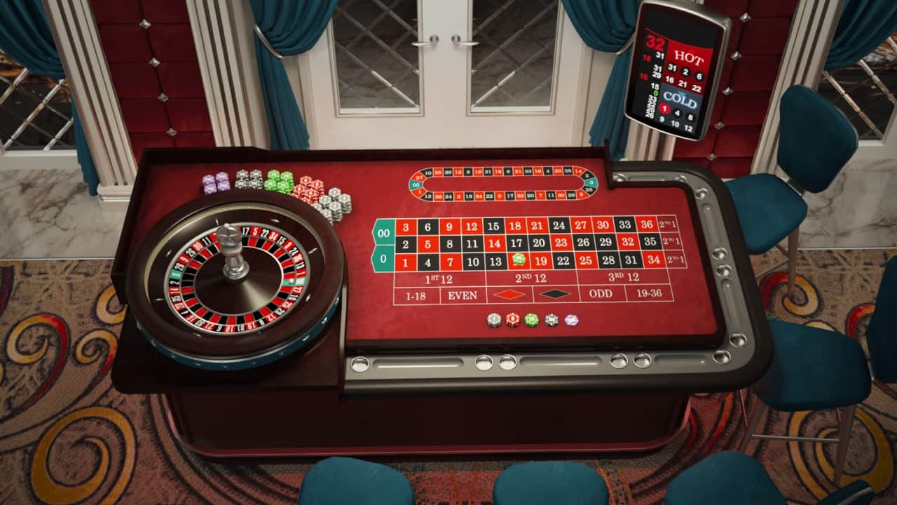 Top view of nline casino roulette table with numbers,wheel and chips