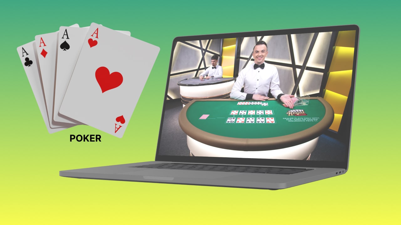 playing online poker games on a laptop with like poker dealer smiling and dealing cards