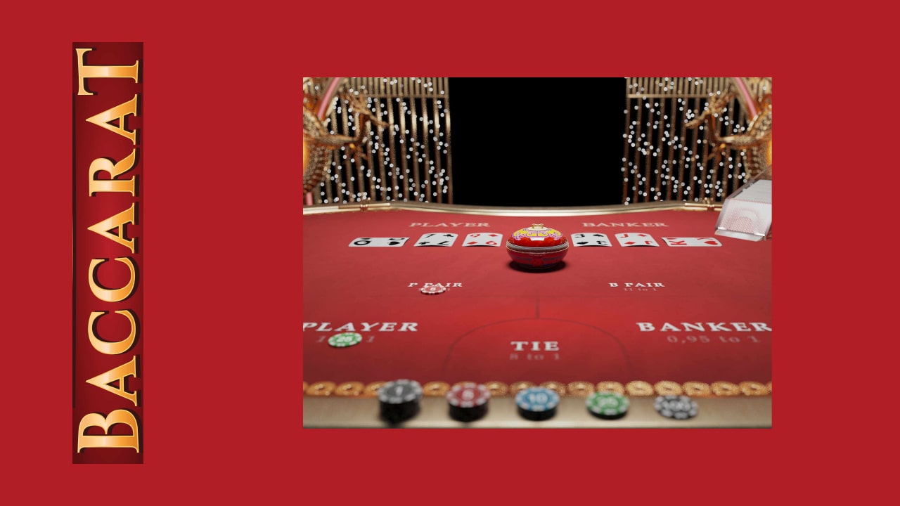 close view of online casino baccarat table with cards and chips