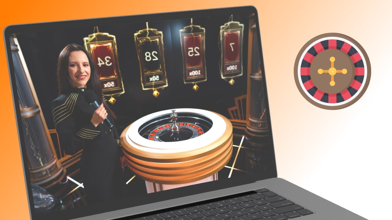 Live casino roulette dealer smiling and spinning the roulette wheel
